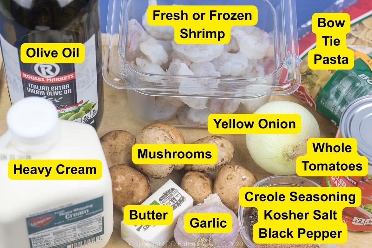 Ingredients to make Creamy Shrimp Pasta with Mushrooms.