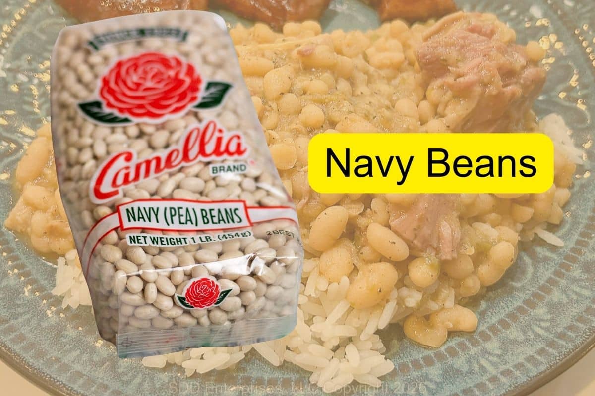 A pond of Dry Navy Beans overlaid on a plate of White Beans and Ham over Rice.
