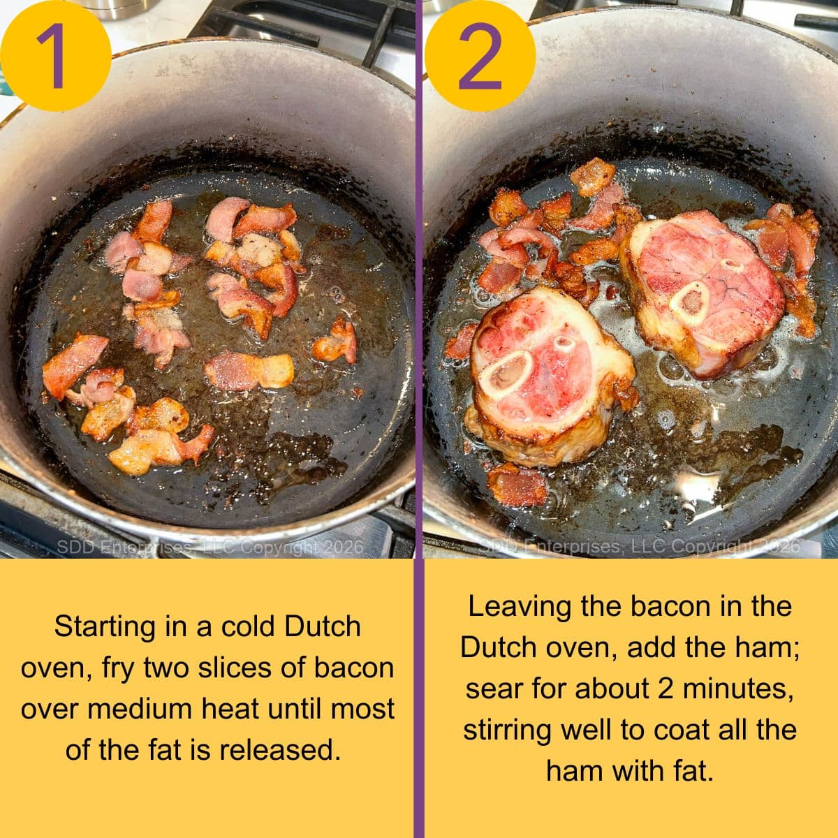 Bacon and ham being rendered in a Dutch oven.