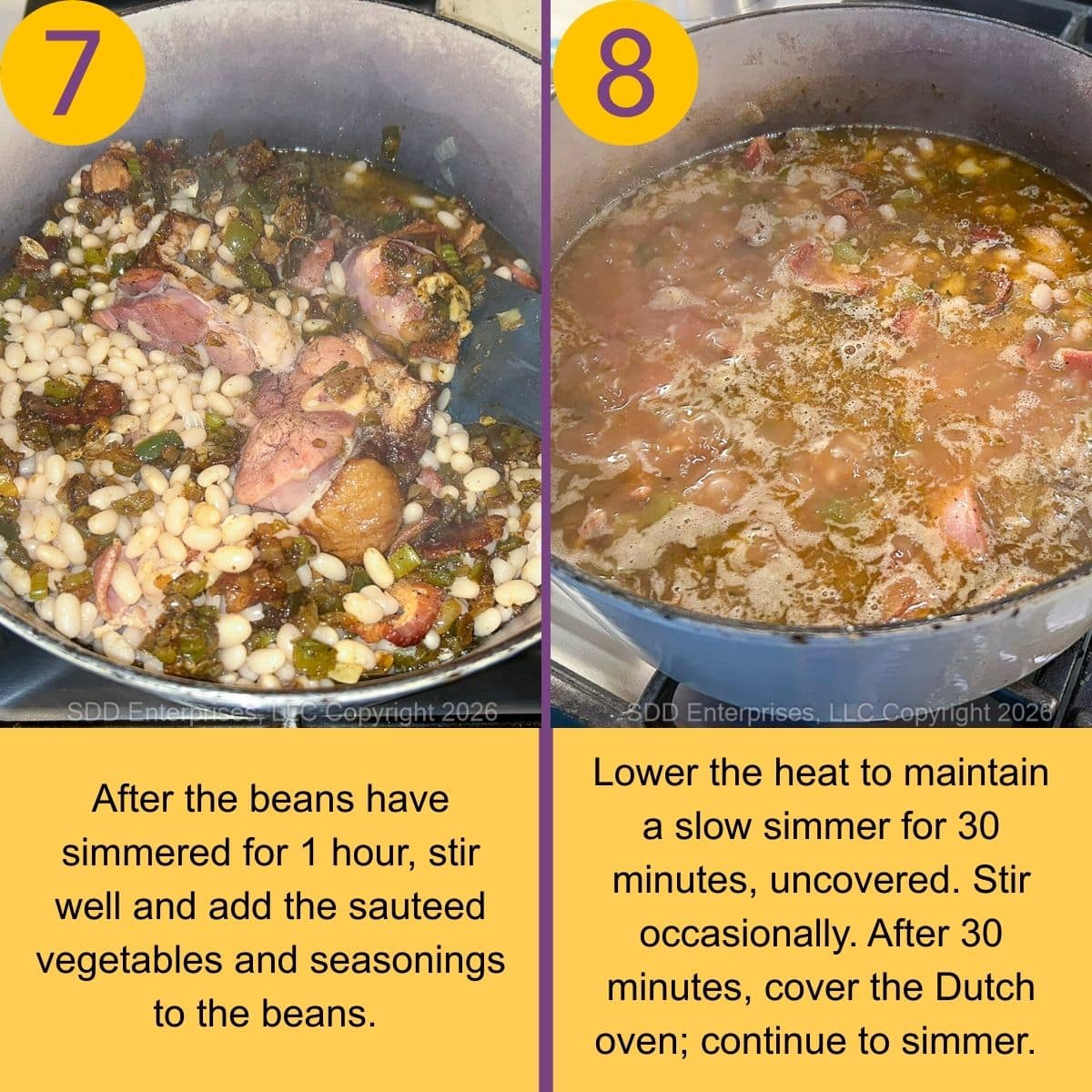 Navy Beans with aromatics simmering in a Dutch oven.