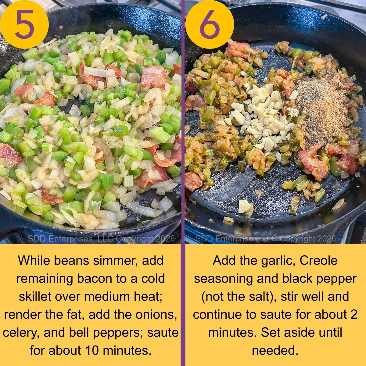 Sautéing the Trinity and aromatics in a cast-iron skillet.