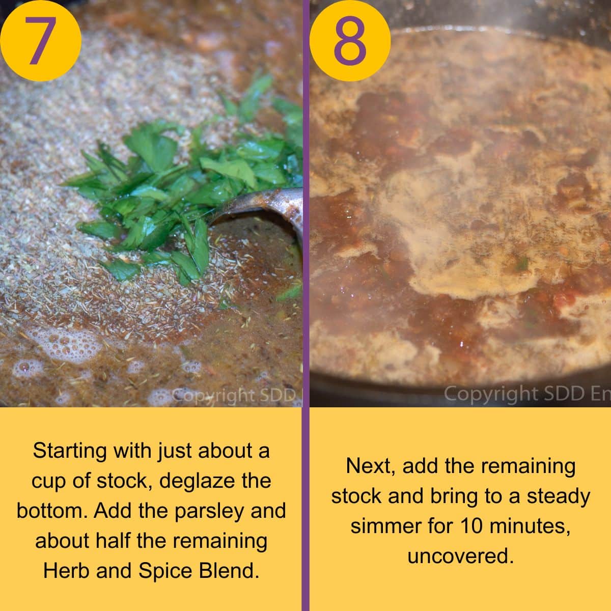 Adding aromatic and stock to a Dutch oven for jambalaya.