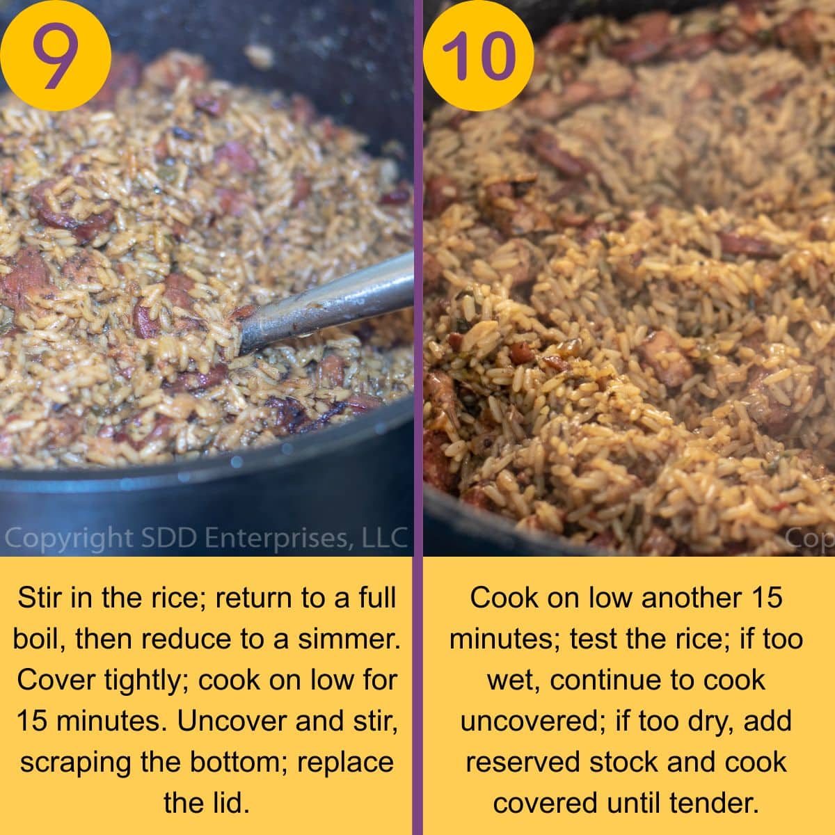 Adding rice to other jambalaya ingredient in a Dutch oven.