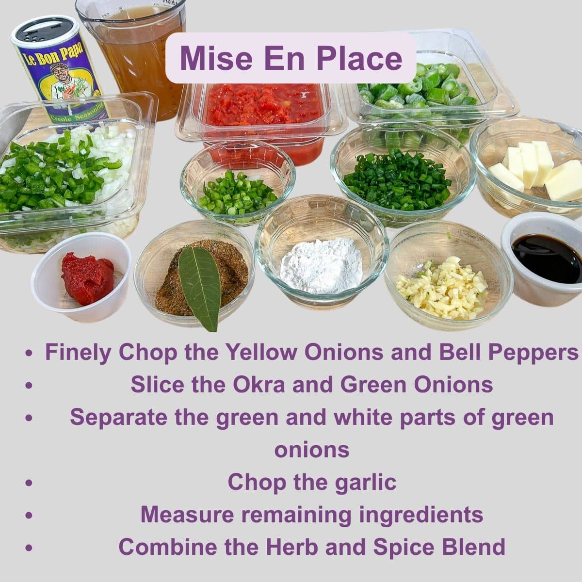 Prepared chicken Creole ingredients in prep bowls.