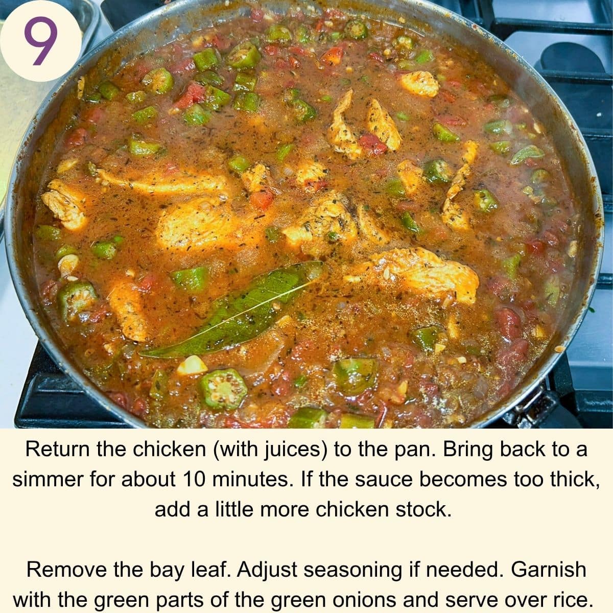 Chicken breasts simmering in Creole sauce with okra in a skillet.