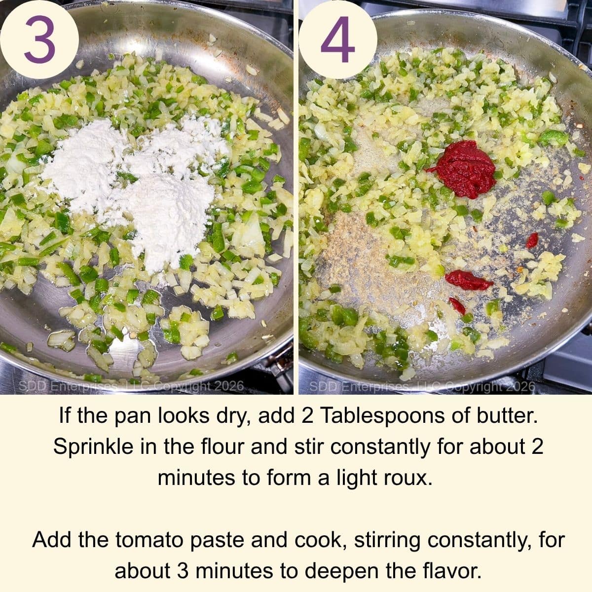 Making a roux in a skillet with flour and tomato paste in a skillet.