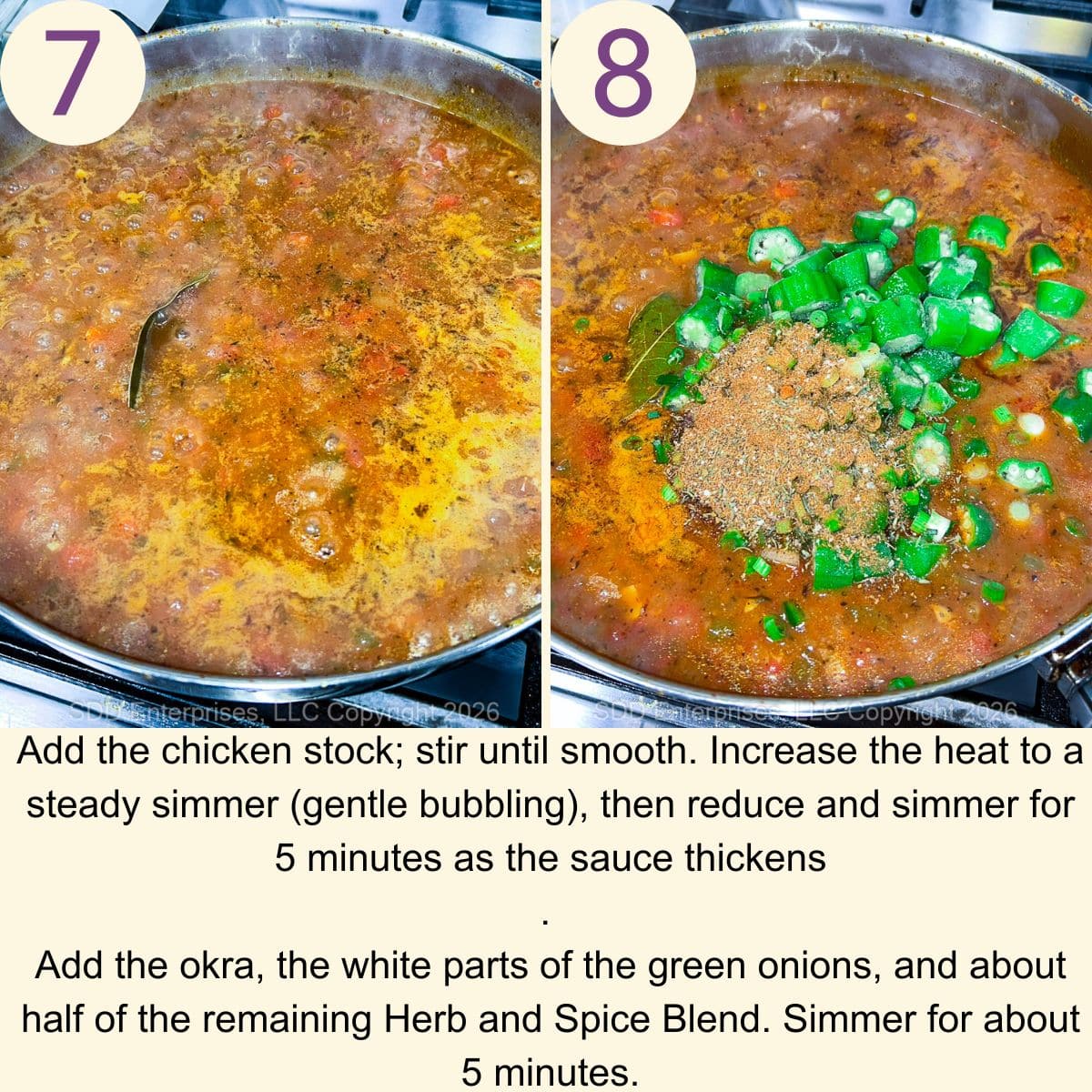 Simmering the Creole sauce with okra for Chicken Creole.