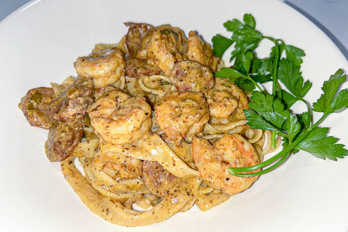 Shrimp and Andouille Pasta in Creole Mustard Sauce.