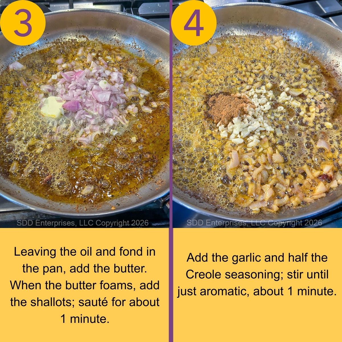 Steps to make Shrimp and Andouille Pasta in a skillet.