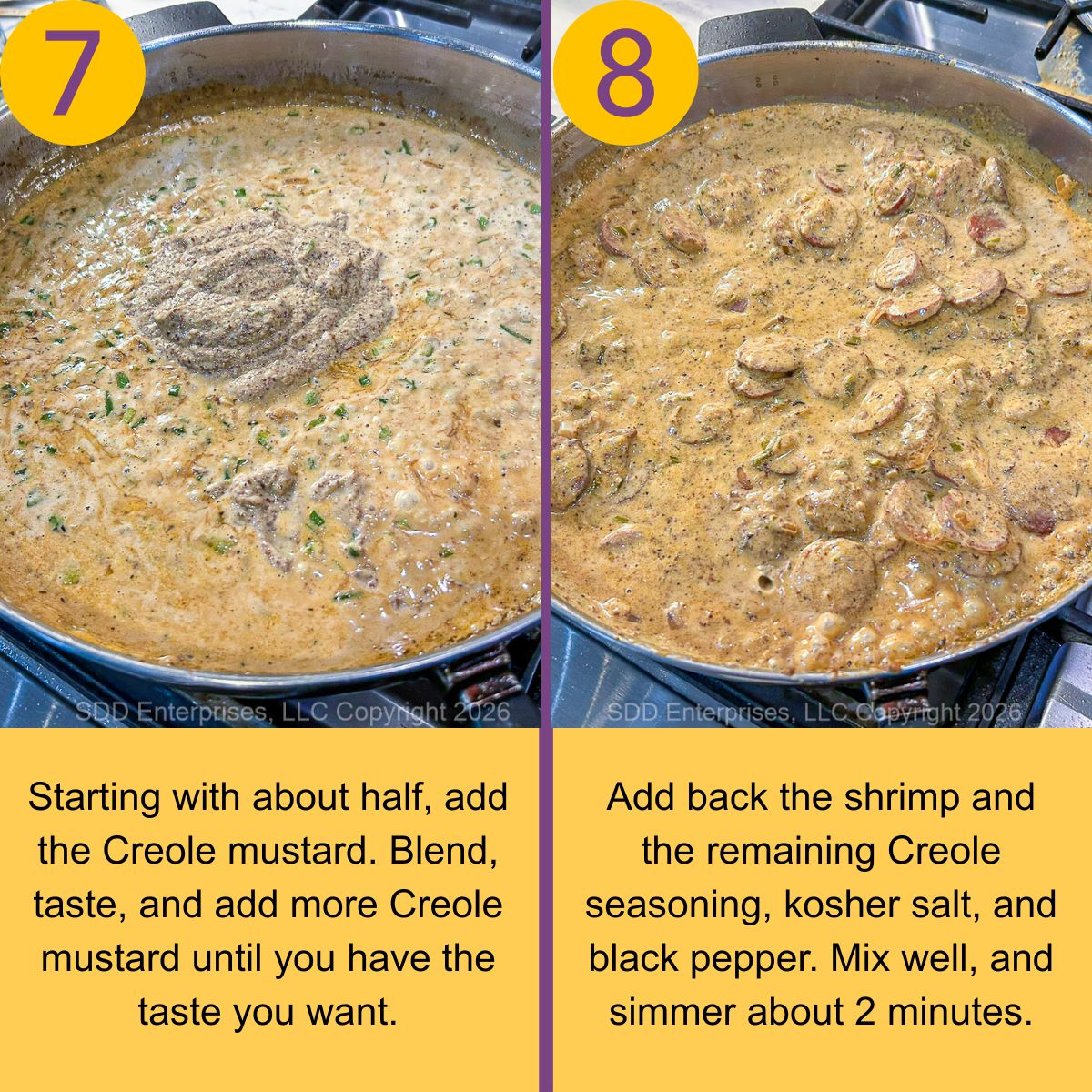Mixing mustard and sausage into cream sauce in a skillet.