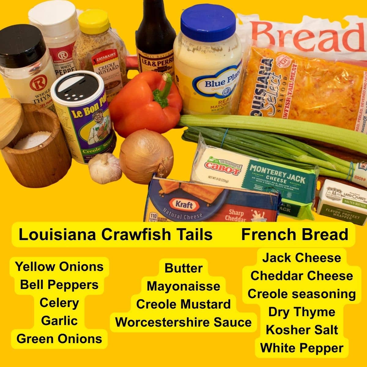 Ingredients for the crawfish bread recipe, including crawfish tails, cheese, and trinity.