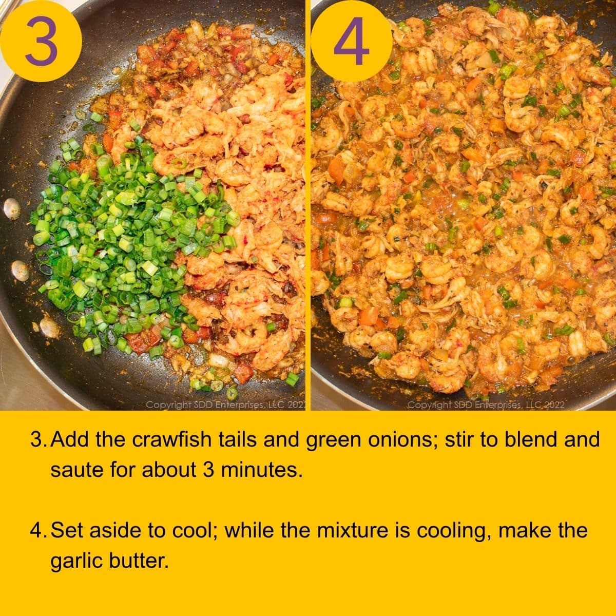 Adding garlic, seasonings, and crawfish tails to sautéed vegetables in a skillet.