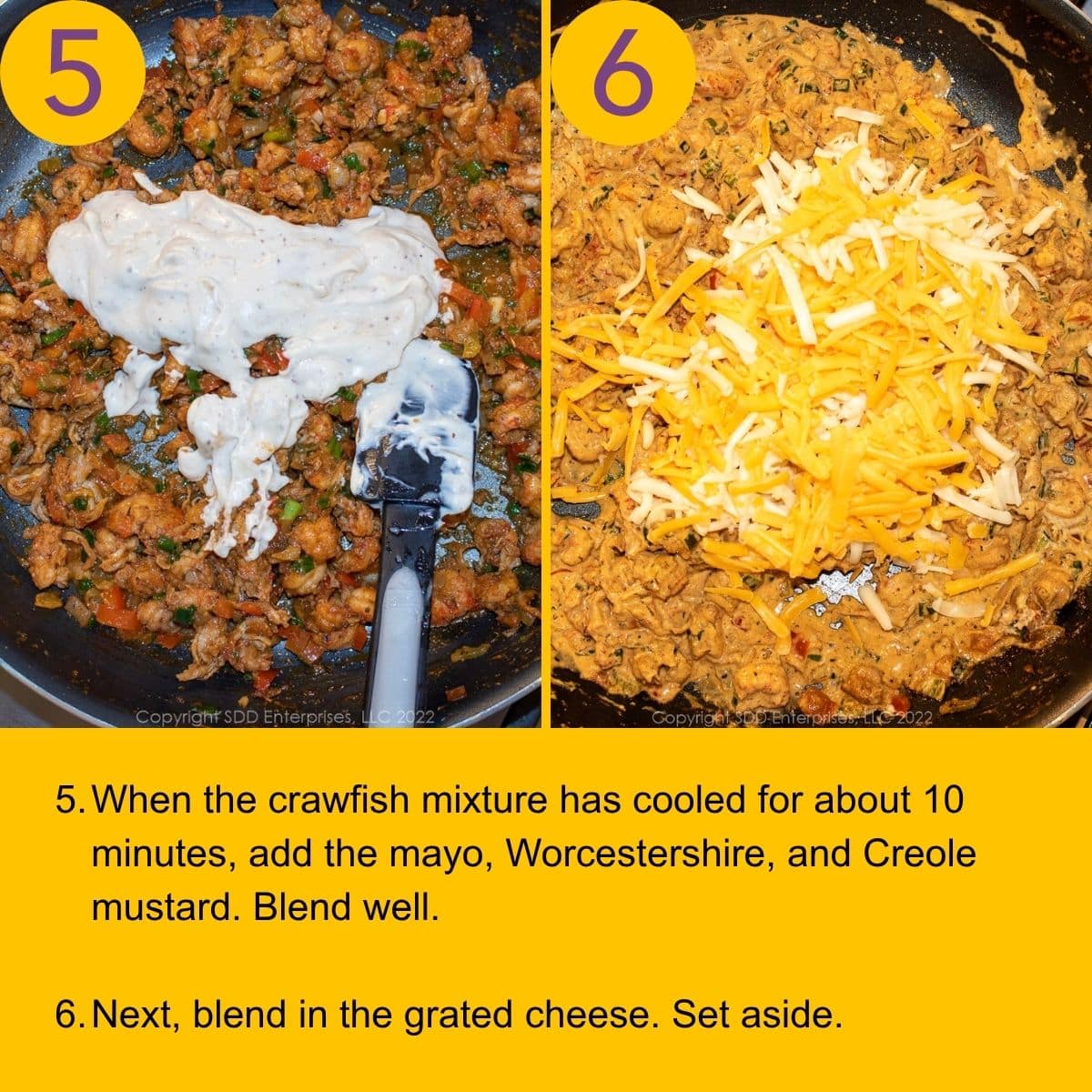 Mixing crawfish filling with cheese and creamy ingredients in a skillet.