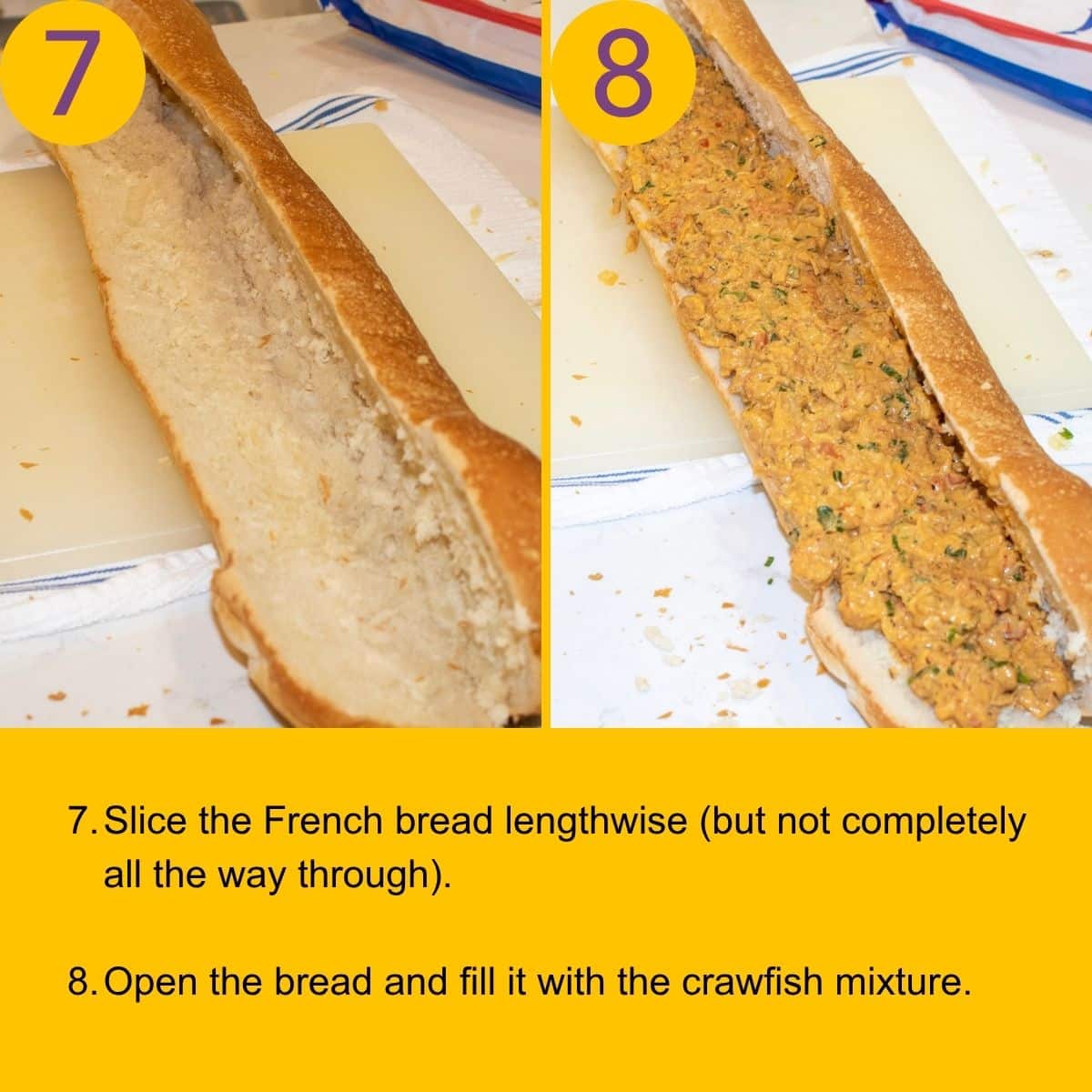 Stuffing a crawfish filling into sliced French bread.
