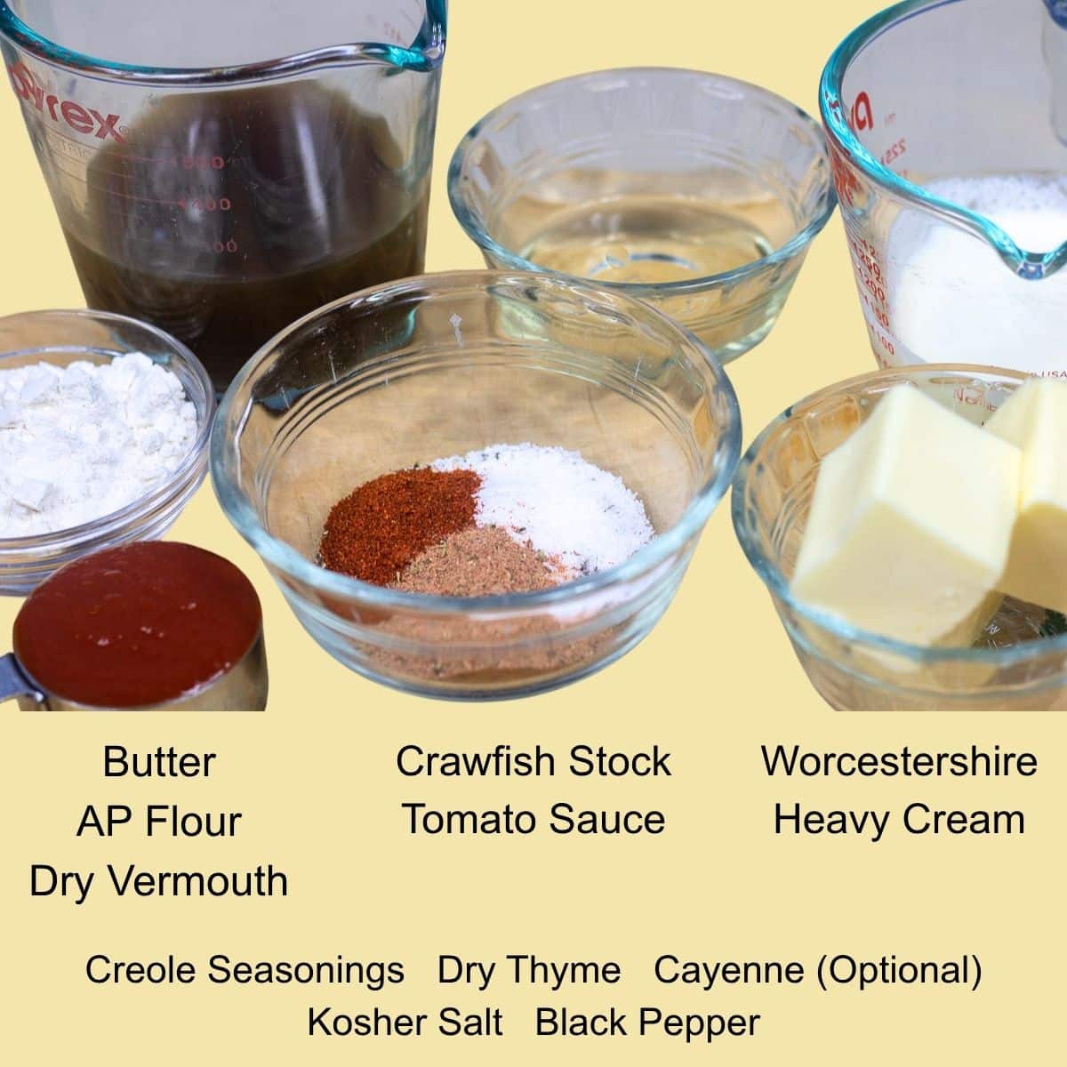 measured ingredients for Louisiana crawfish pie filling with seasonings and stock