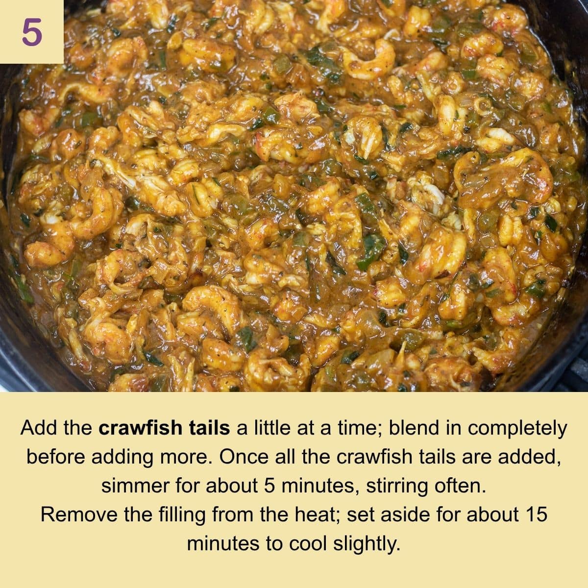 thick crawfish pie filling ready to be added to pie crust