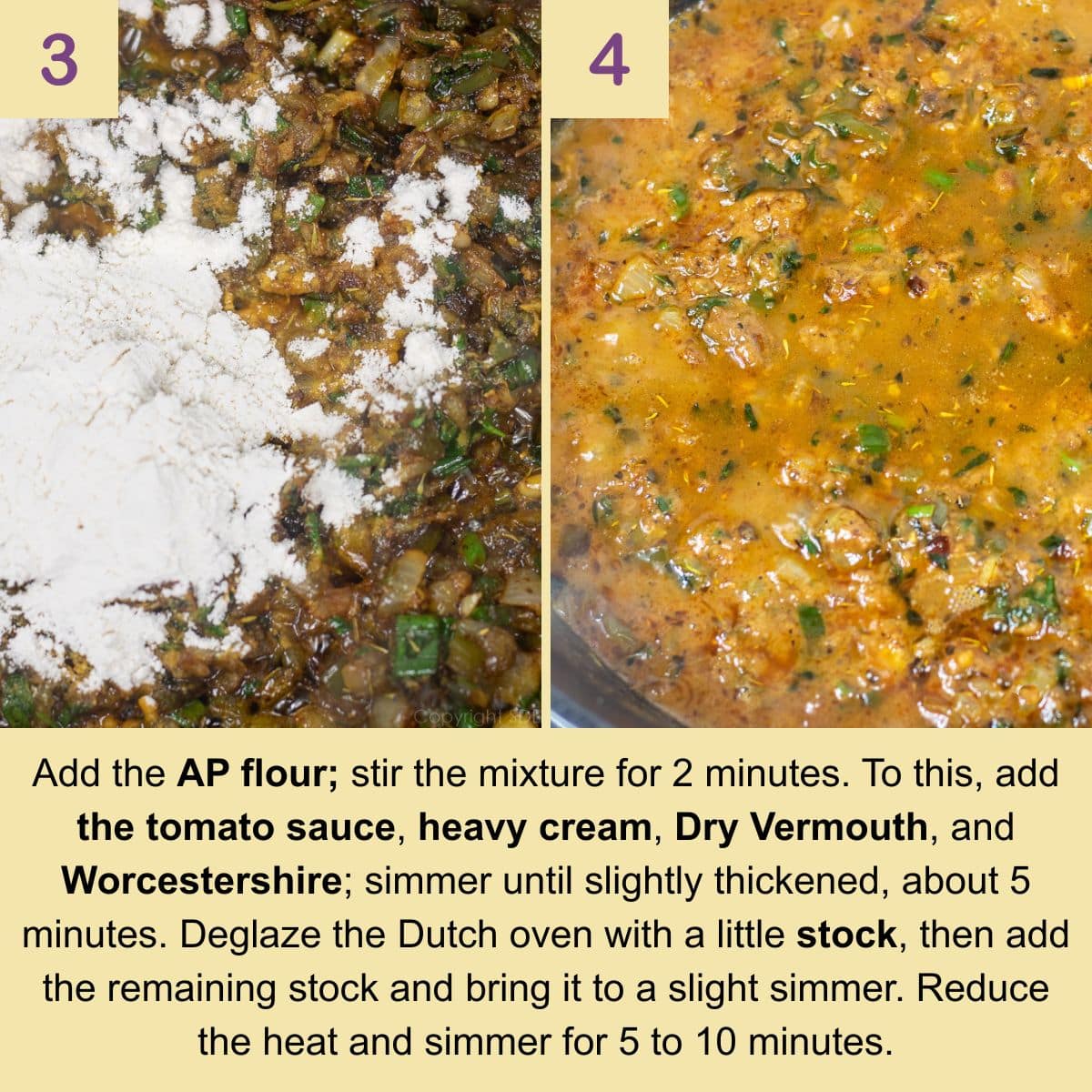 adding flour and liquid to thicken crawfish pie filling in Dutch oven