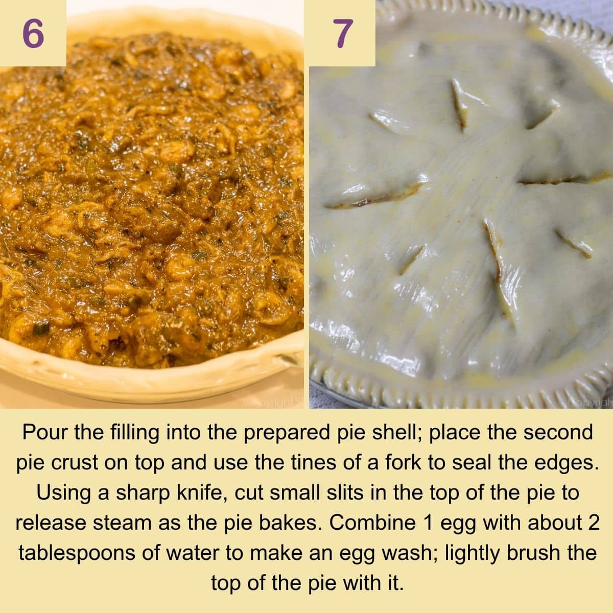 filling pie crust with crawfish mixture and preparing top crust