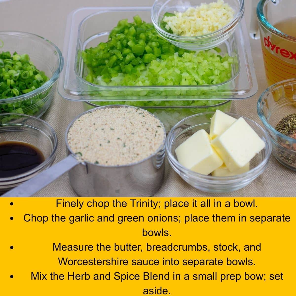 Prepared ingredients for crawfish stuffed peppers.