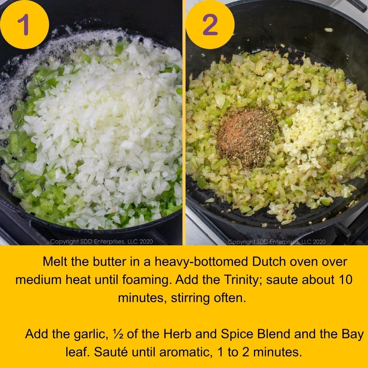Sautéing Trinity for crawfish stuffed pepper filling.