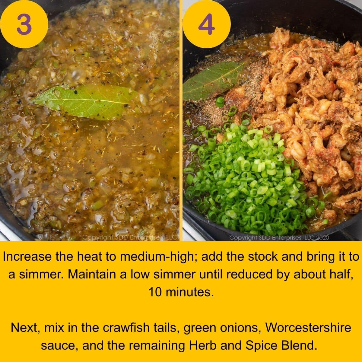 Adding crawfish and seasoning to stuffing mixture.