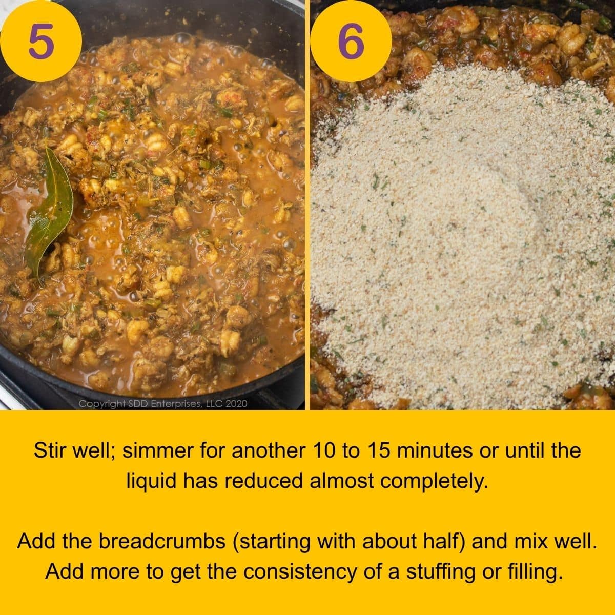 Mixing breadcrumbs into crawfish stuffing.