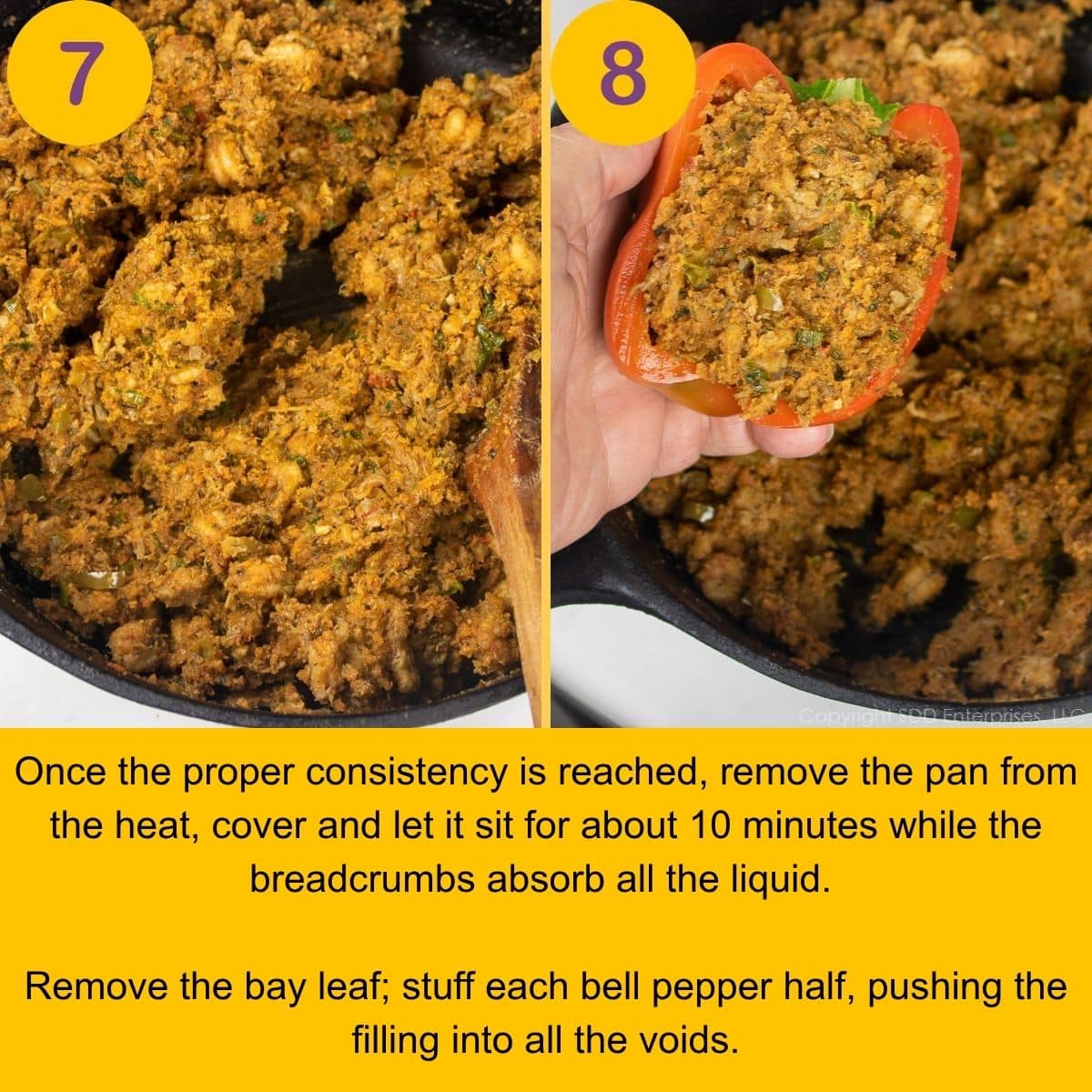 Stuffing bell peppers with crawfish filling.