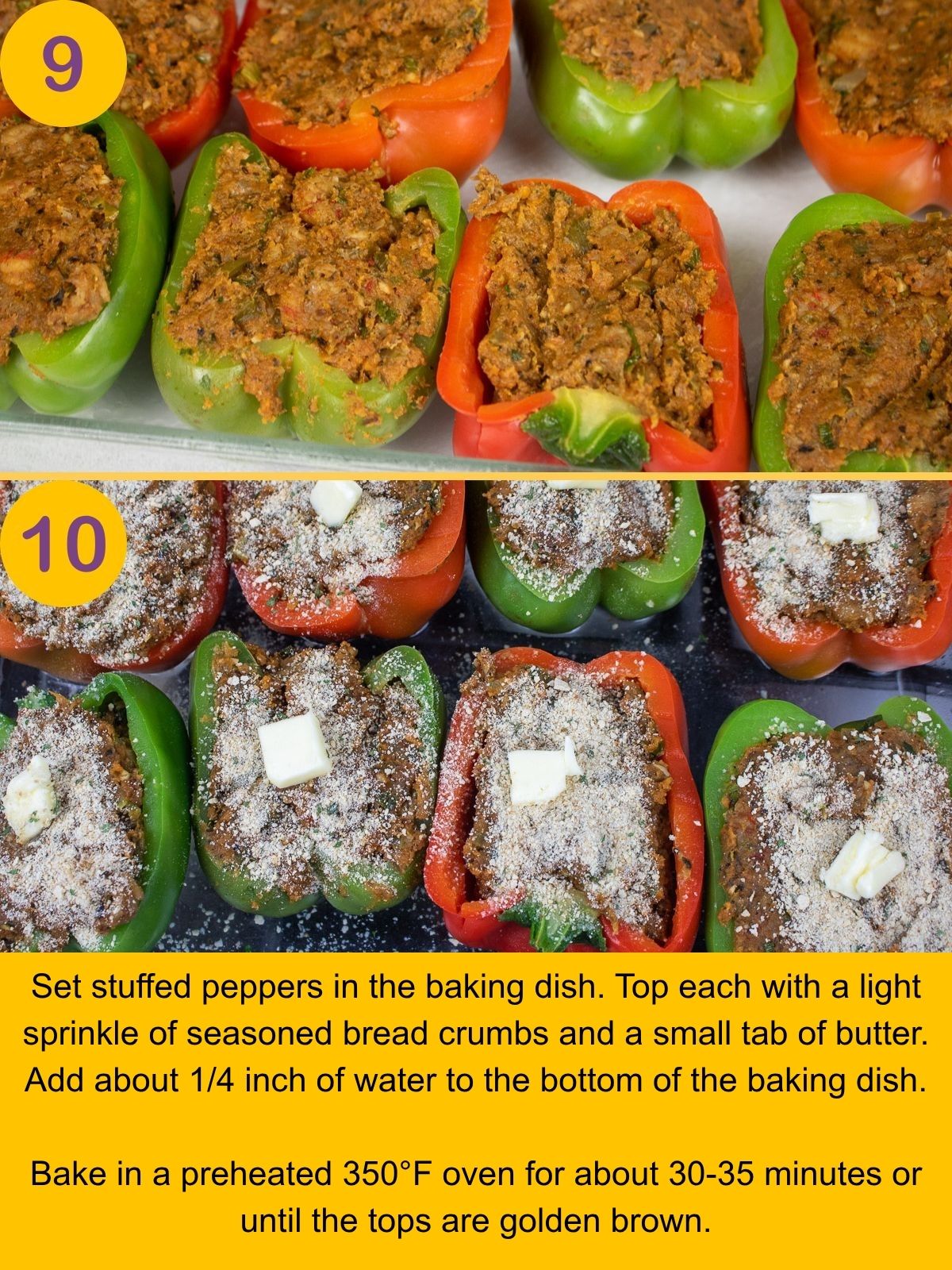 Stuffed peppers arranged in a baking dish before baking.