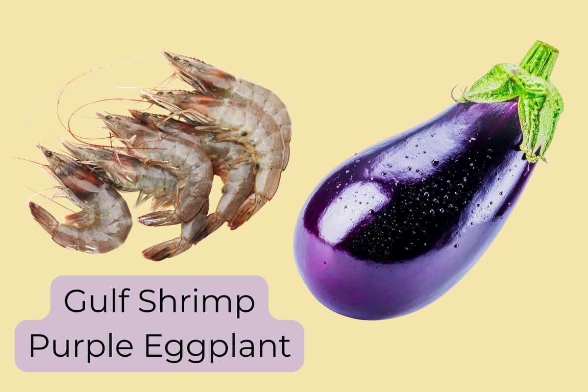 Ingredients for shrimp-stuffed eggplant, including eggplant, shrimp, Trinity vegetables, and seasonings.