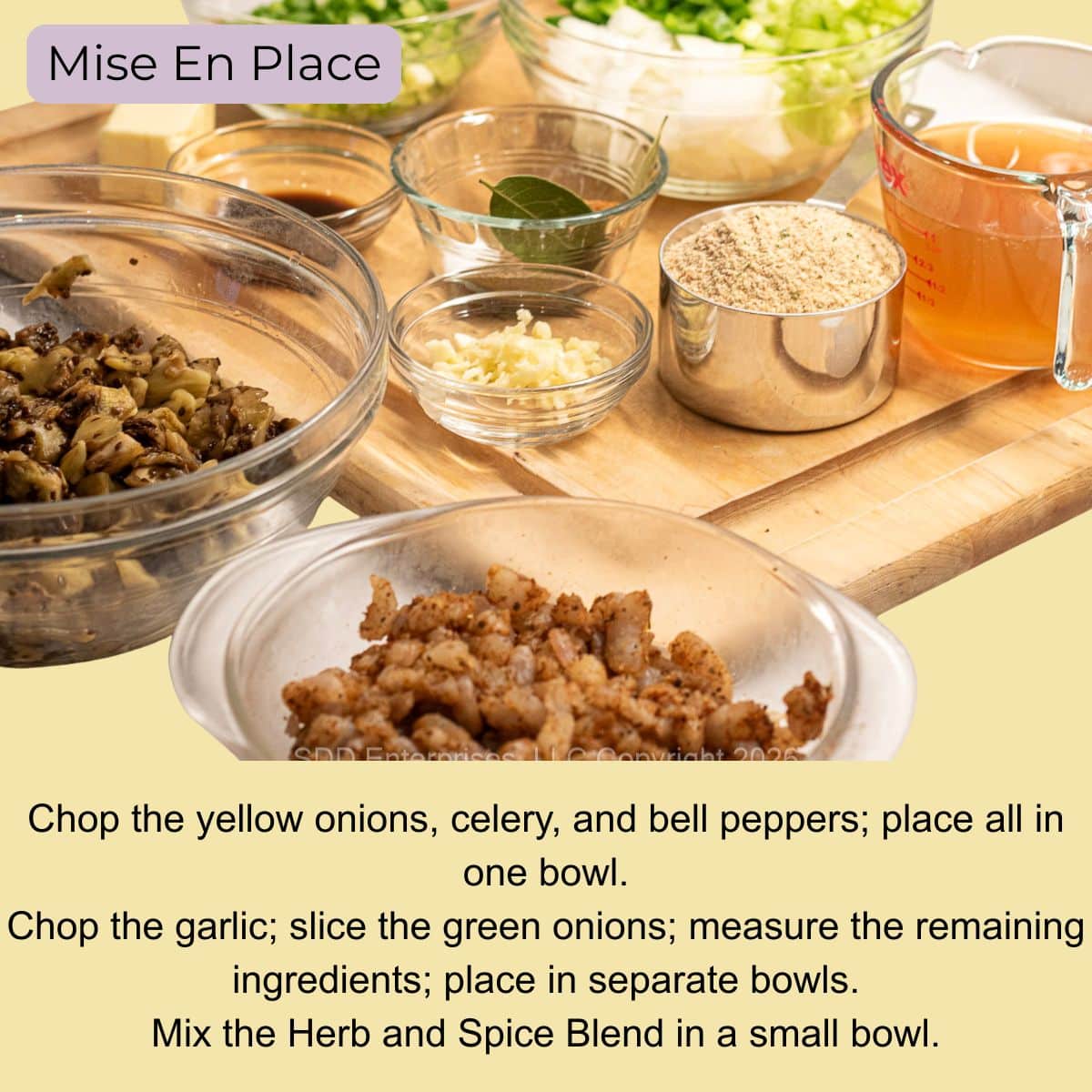 Prepped ingredients for stuffed eggplant, arranged in bowls for cooking.