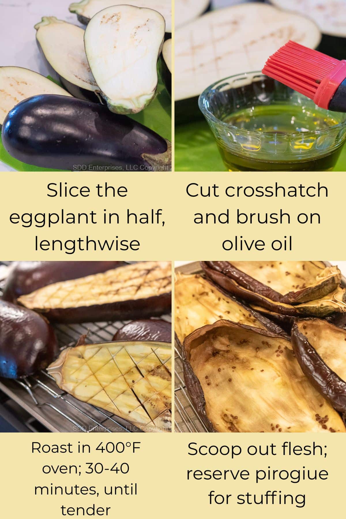 Steps to remove pulp and create eggplant pirogues.