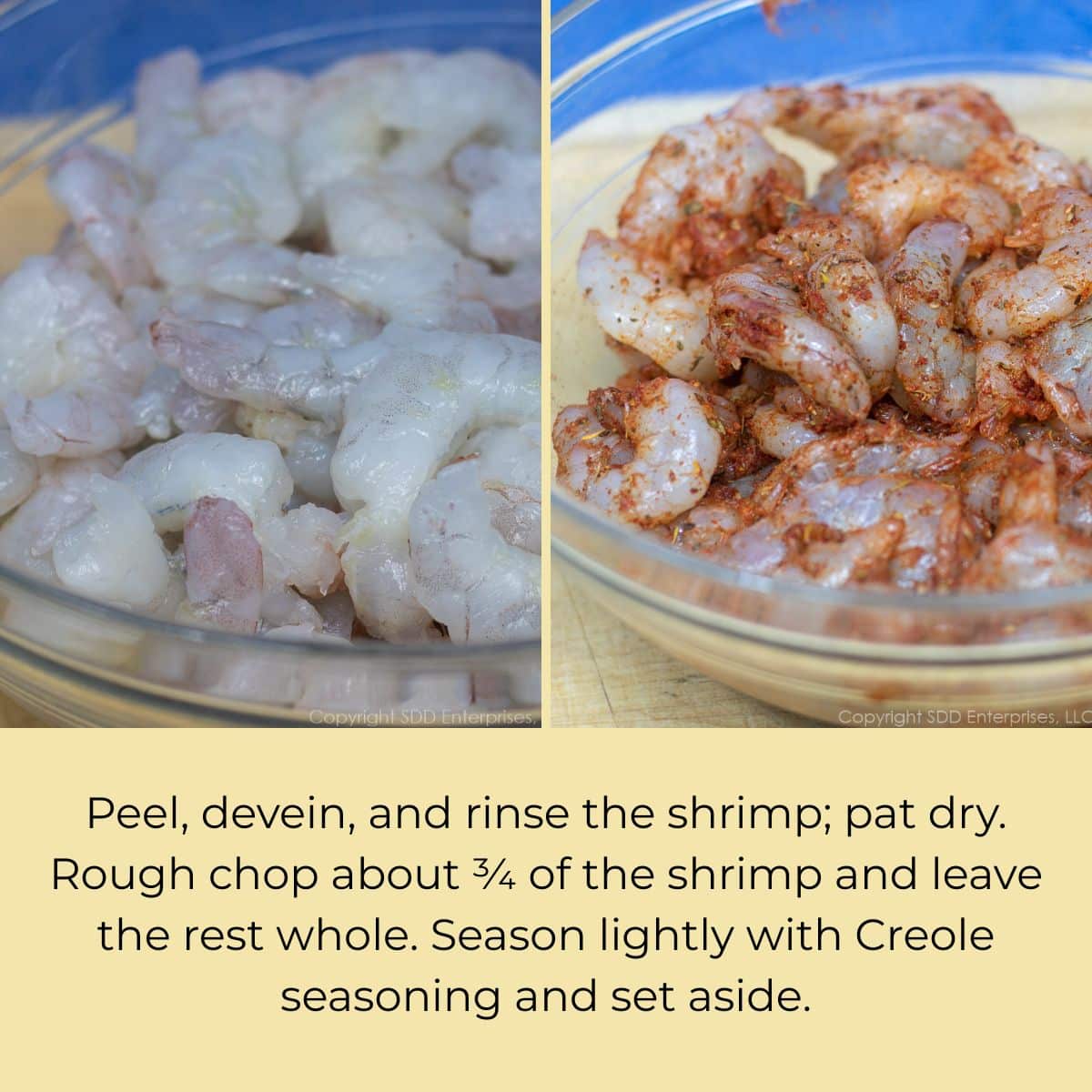 Steps to prepare and season shrimp.