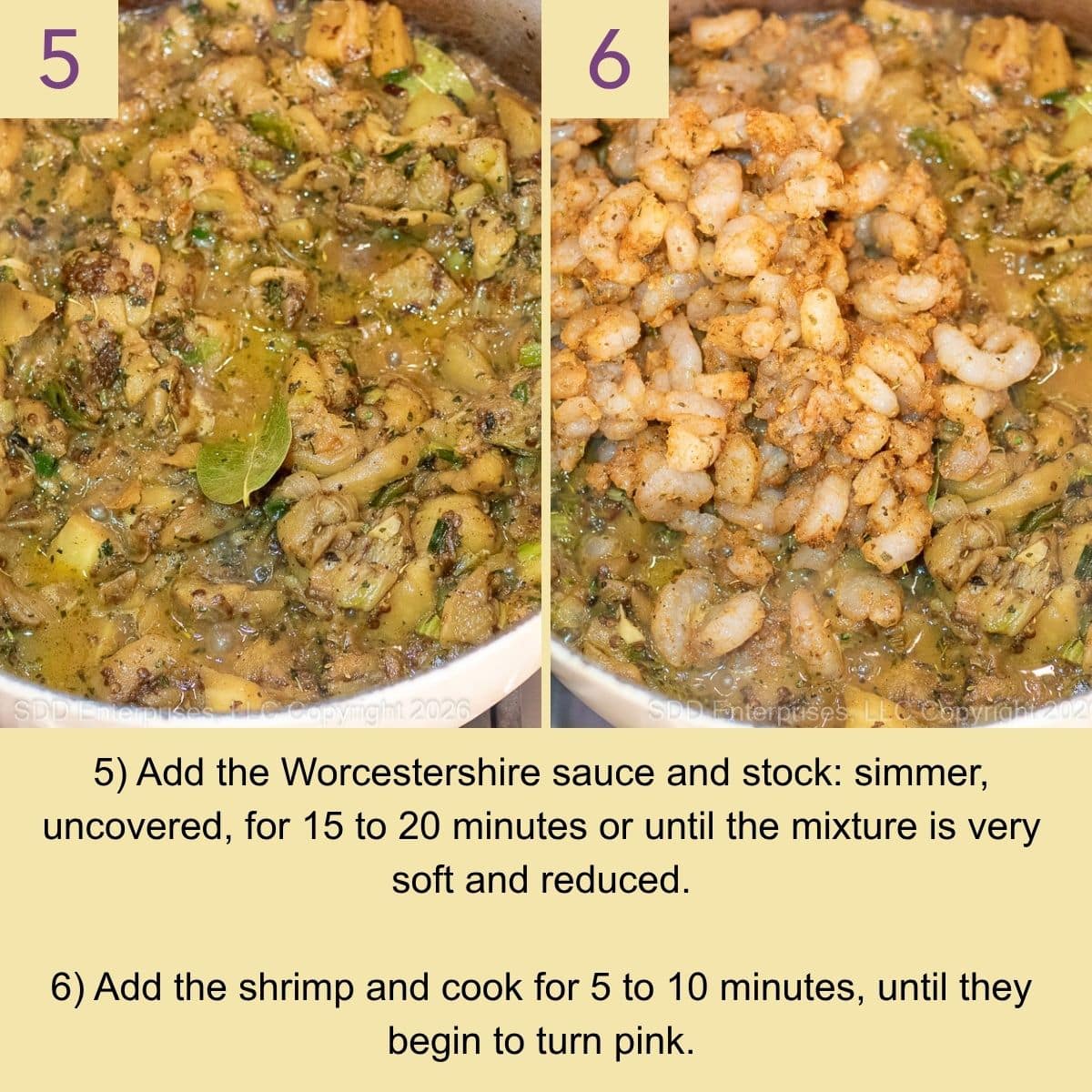 Eggplant pulp and shrimp cooking with seasonings and stock to create the stuffing.