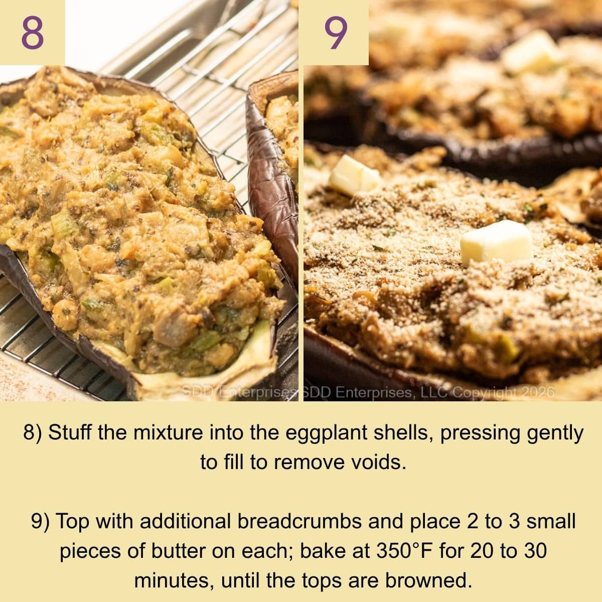 Stuffing eggplant shells with shrimp mixture and topping with breadcrumbs before baking.