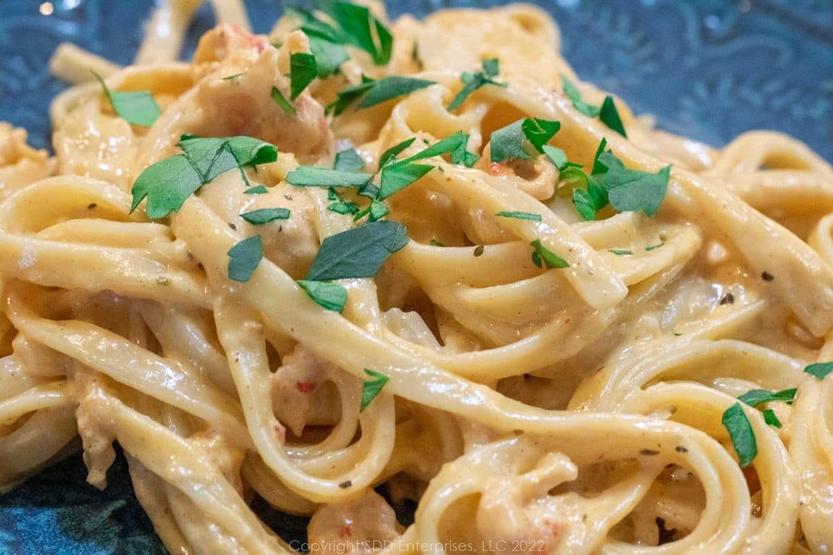 Crawfish Alfredo served in a shallow bowl with creamy Alfredo sauce and Louisiana crawfish tails.