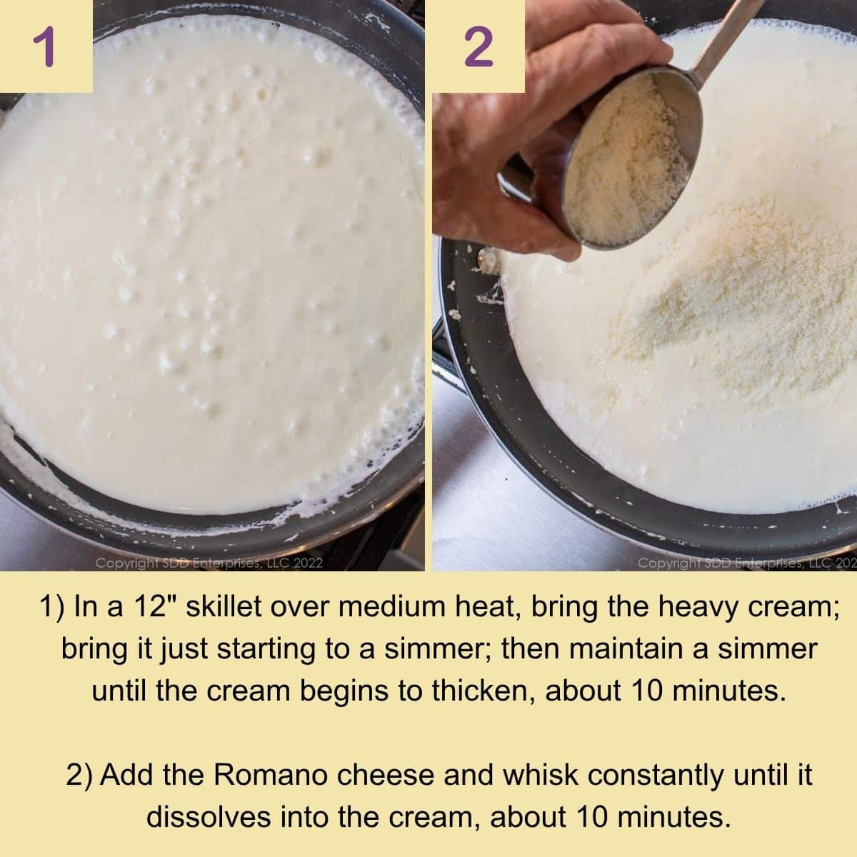 Heavy cream and Romano cheese are simmering in a skillet to make Alfredo sauce.