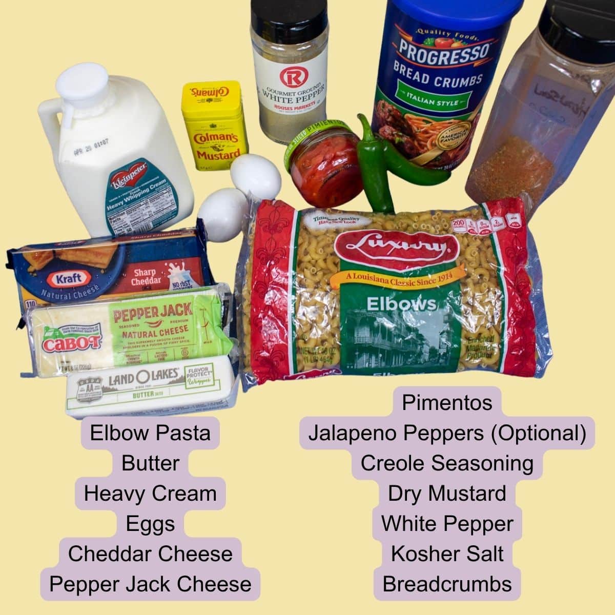 Ingredients for baked Crawfish Mac and Cheese including cheeses, macaroni, and seasonings.
