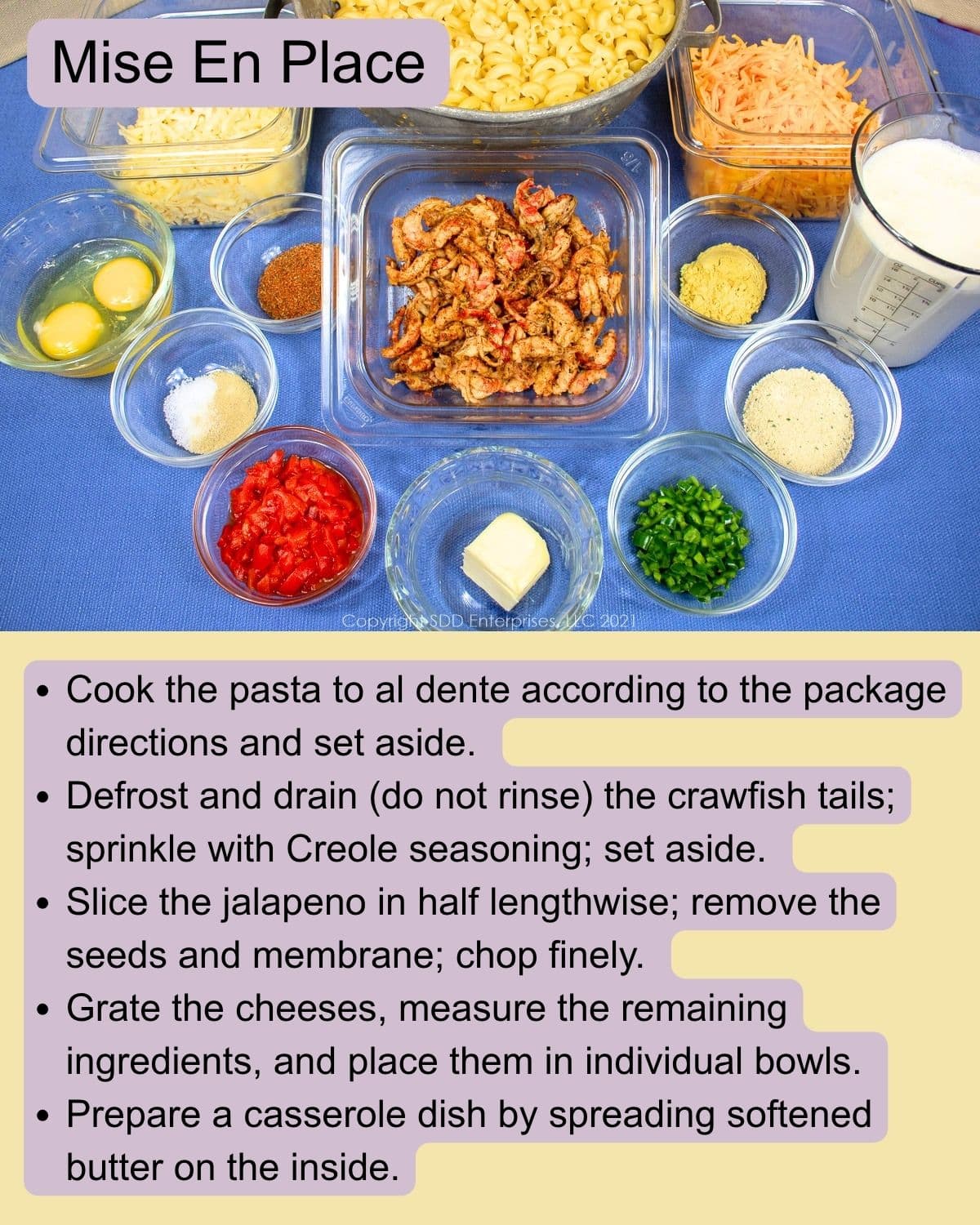 Prepared ingredients for creamy Crawfish Mac and Cheese.