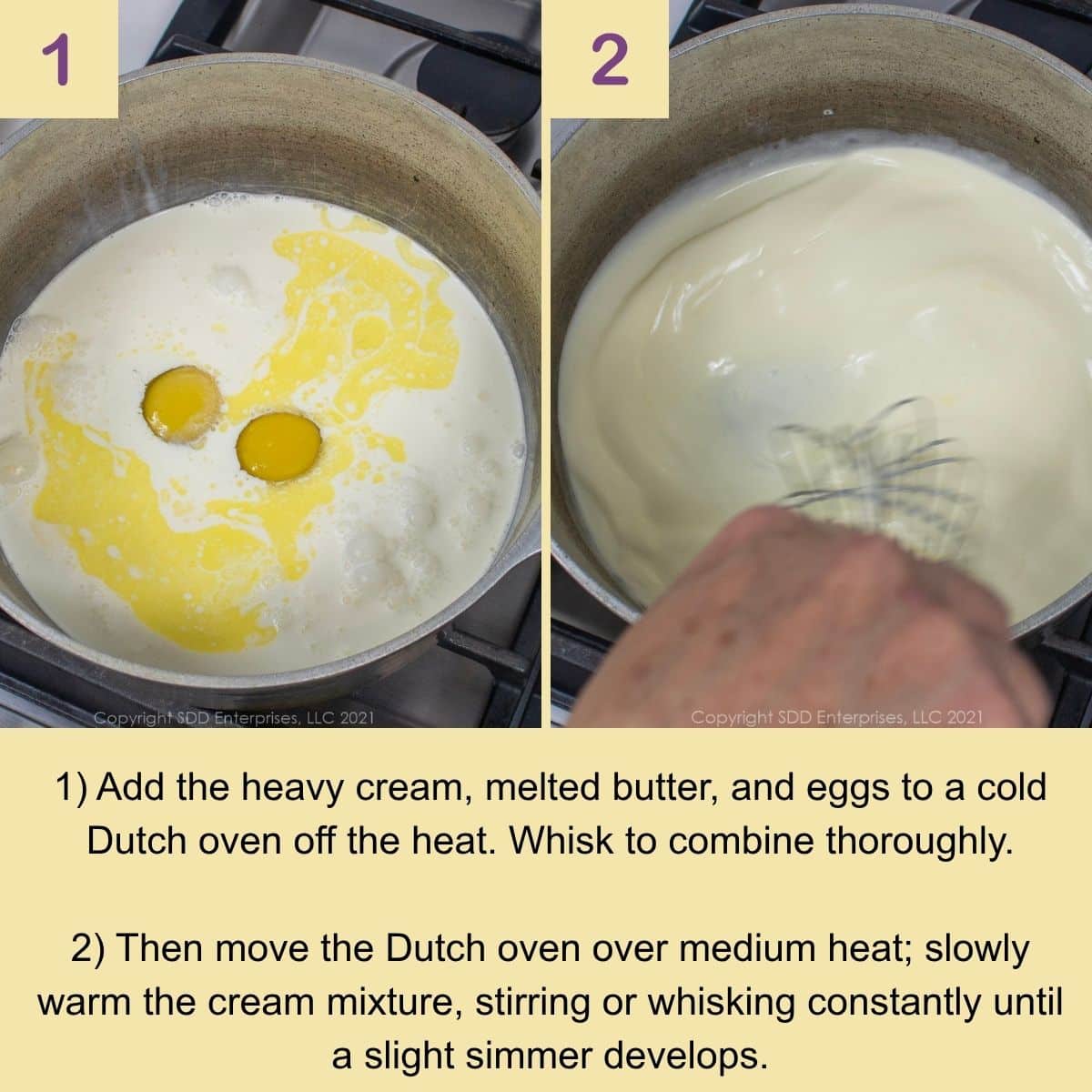 Mixing cream, eggs, butter, and cheese sauce for Crawfish Mac and Cheese.