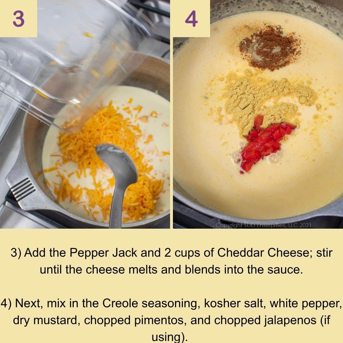 Adding cheese and Cajun seasonings to the creamy mac and cheese sauce.