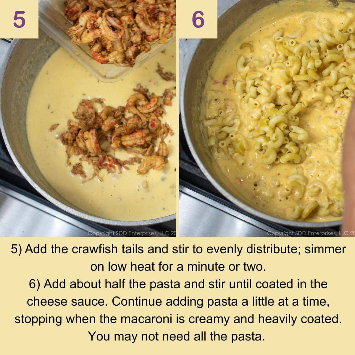 Adding Louisiana crawfish tails and macaroni to cheese sauce.