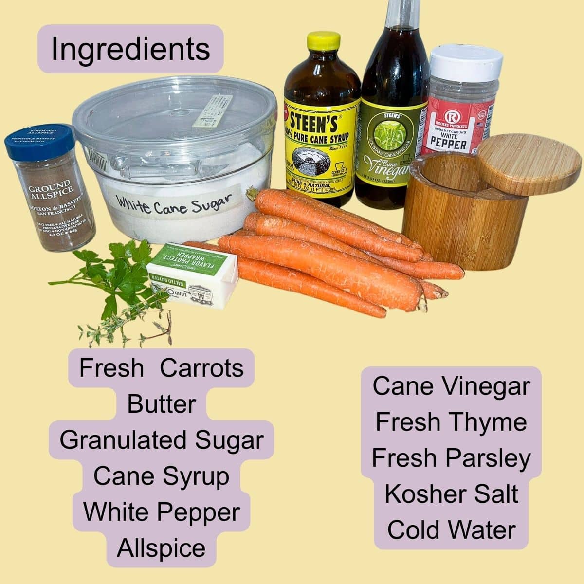 Ingredients for Cane-Glazed Carrots include carrots, butter, cane syrup, thyme, allspice, vinegar, and parsley.