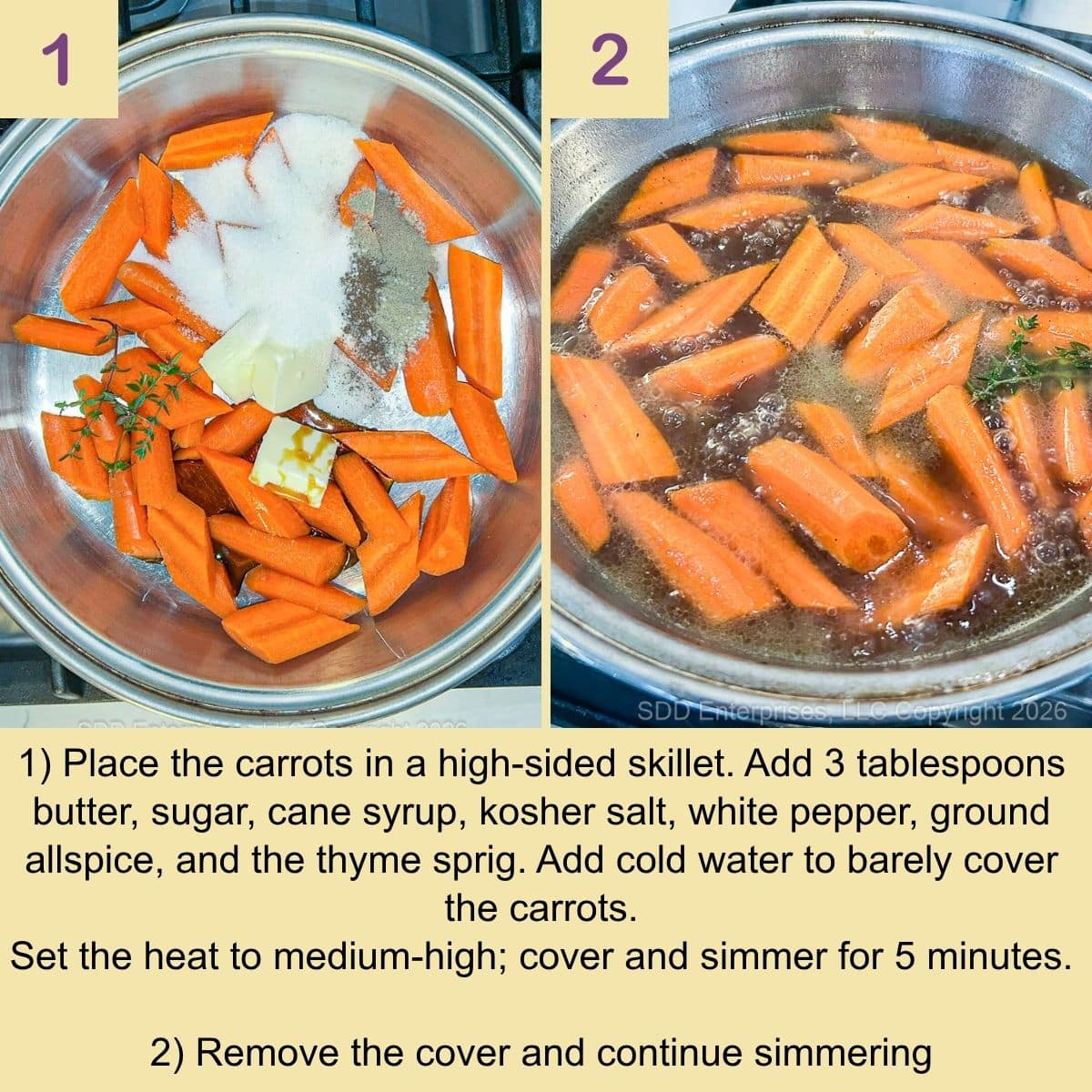 Carrots simmering in butter, cane syrup, spices, and thyme in a high-sided skillet.