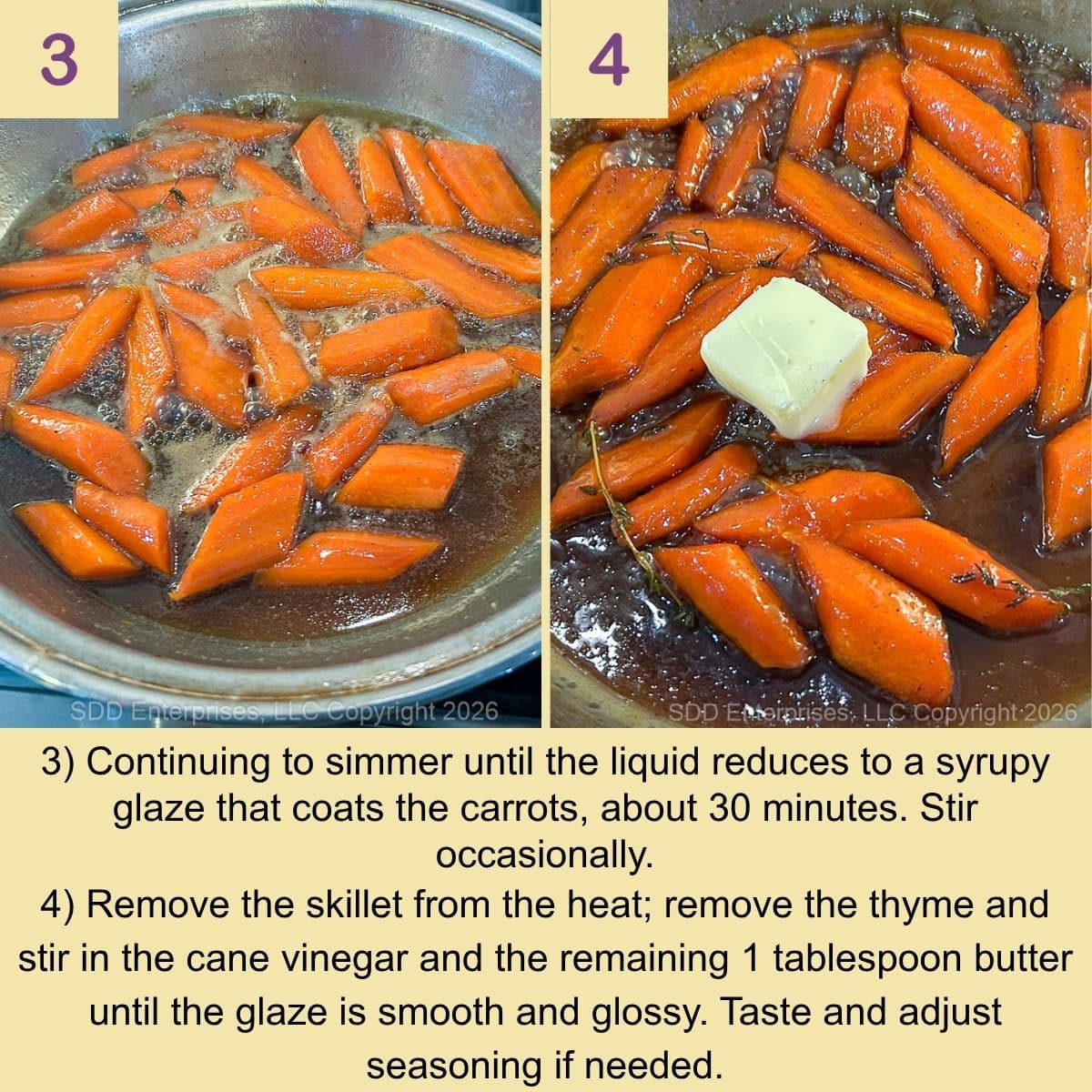 Cane-Glazed Carrots are reduced in a skillet until coated in a glossy syrupy glaze.