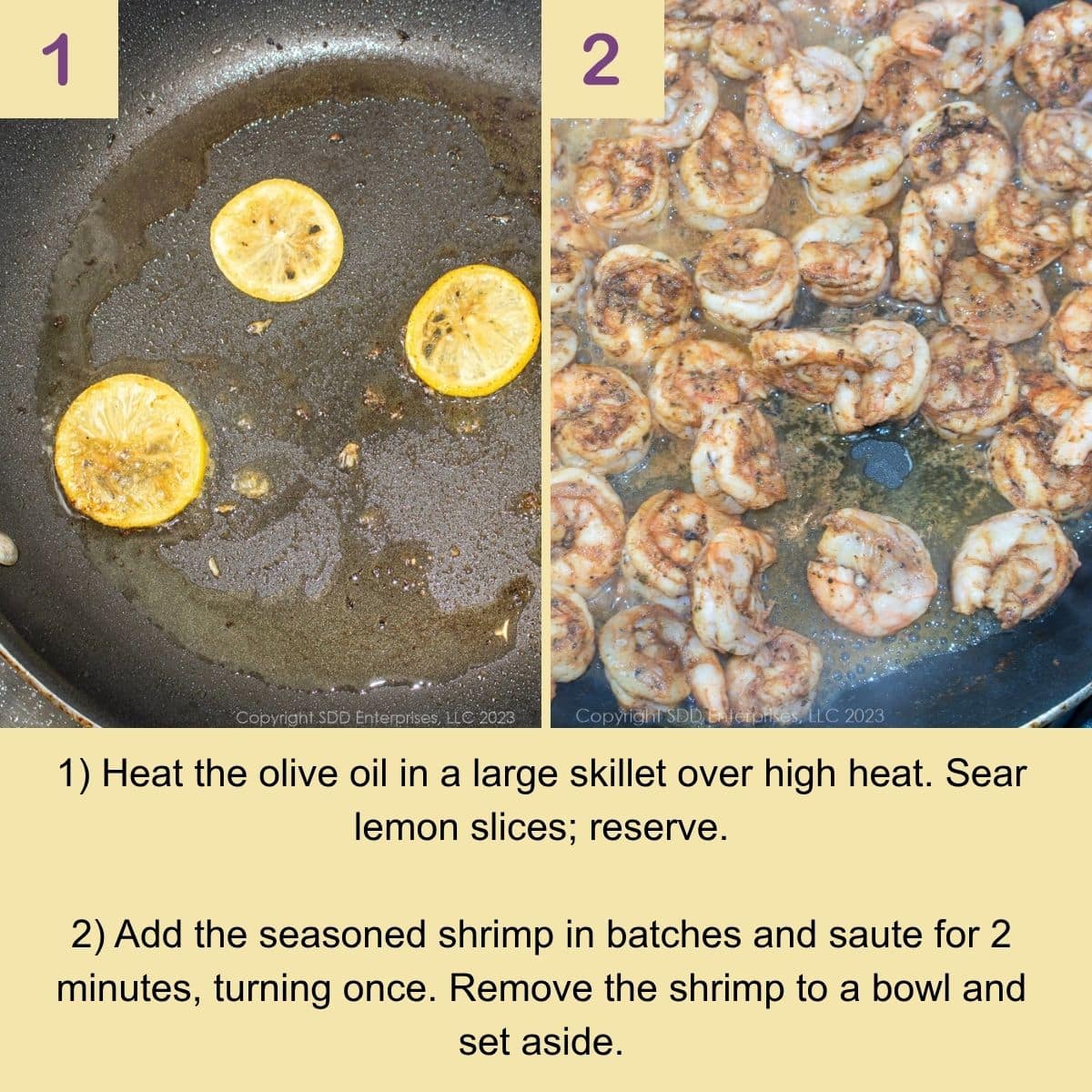 Shrimp and lemon slices searing in a skillet for shrimp in white wine sauce.