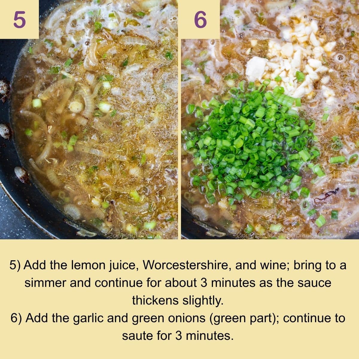 White wine sauce simmering with garlic and green onions in a skillet.