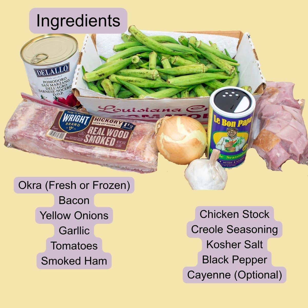 Fresh and frozen okra, tomatoes, onions, bacon, smoked ham, and Creole seasoning for smothered okra.