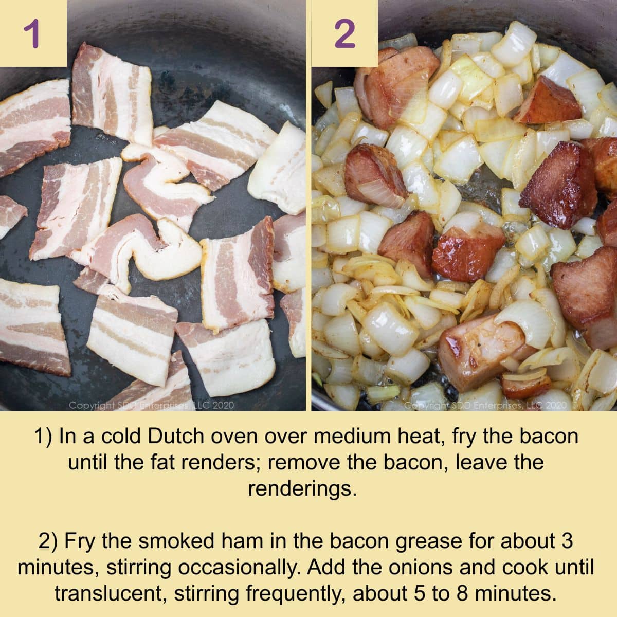Bacon and onions frying in a Dutch oven.