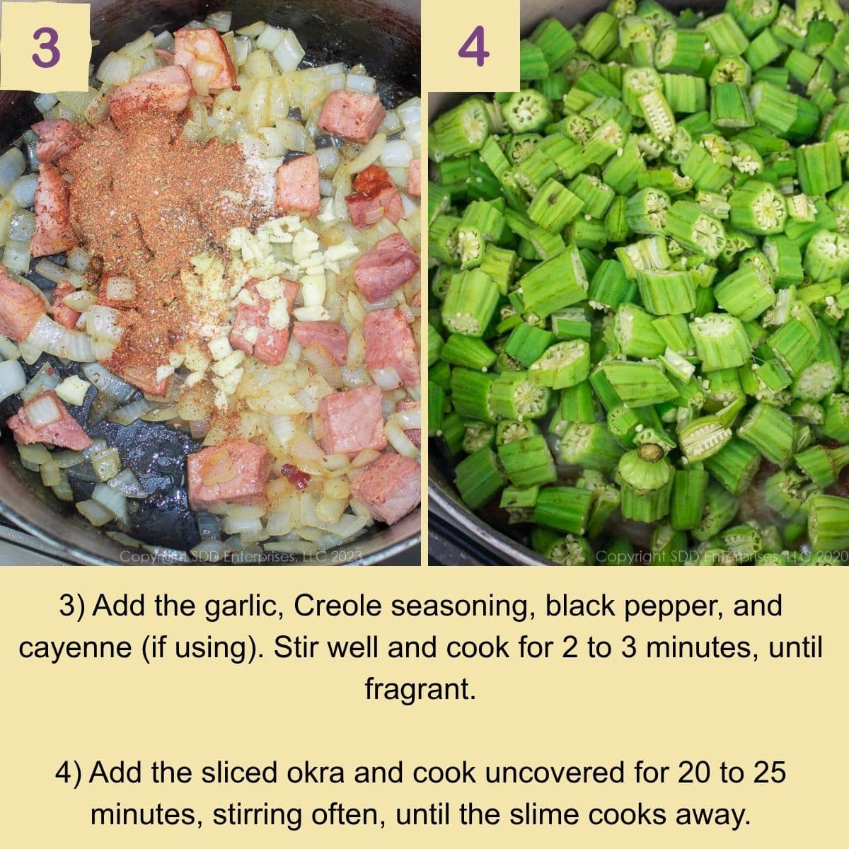 Seasoned okra cooking uncovered with onions and smoked ham in a Dutch oven.