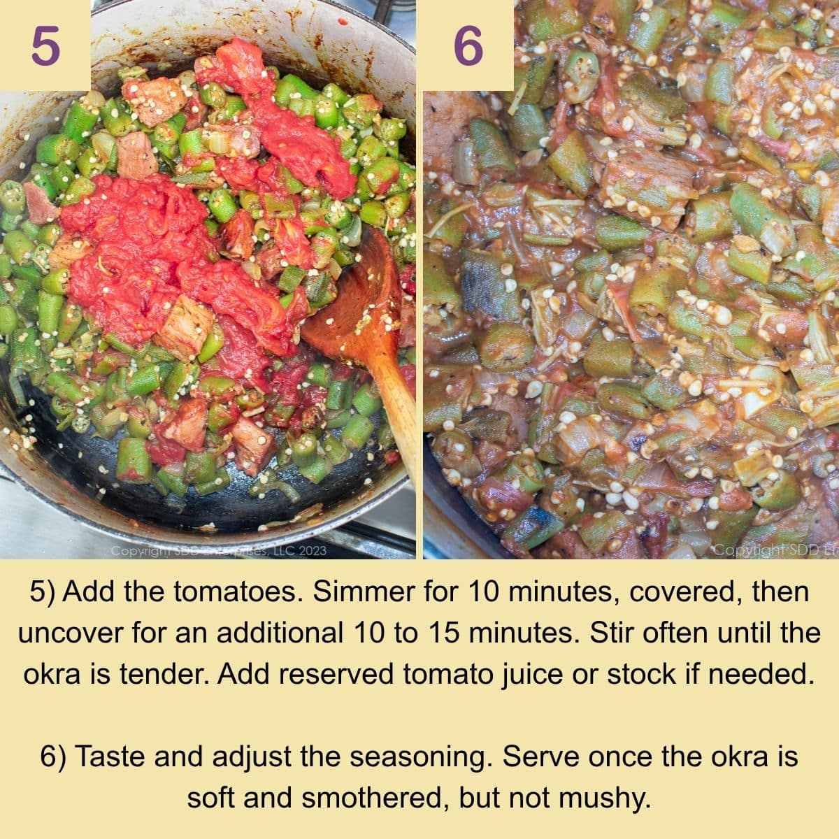Smothered okra and tomatoes simmering until tender in a Dutch oven.